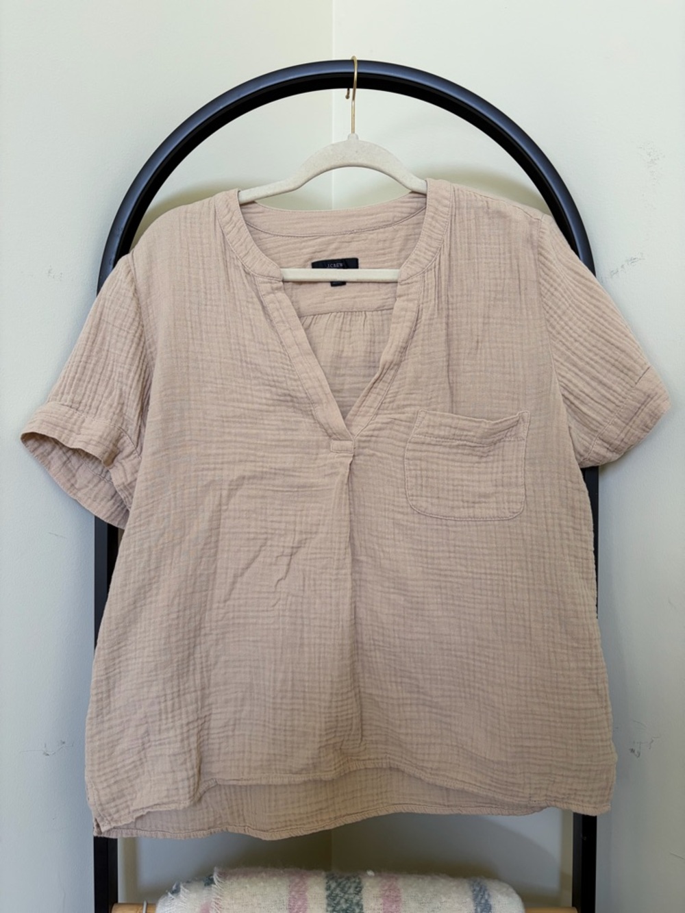 JCrew Tan Crinkle Gauze Short Sleeve V Neck Popover Shirt M
